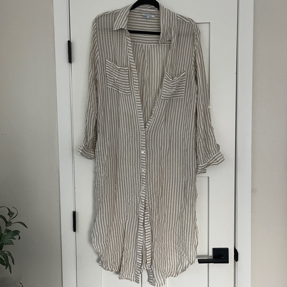 Blue Island Striped Button Down Cover Up
